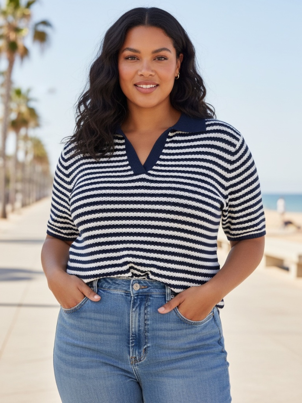 NWT navy blue and white striped collared short sleeve sweater. Xxl